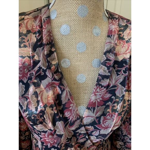 EXPRESS Women Metallic Whimsigoth Top Blouse Faux Wrap Dark Fairy Floral Small - Picture 3 of 13